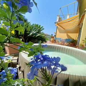 una piccola piscina in un giardino con fiori blu di Chez Luis a Imperia