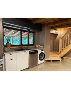 a kitchen with a sink and a washing machine at Viesu nams Ezerkalni in Myza Dzirtsiyems