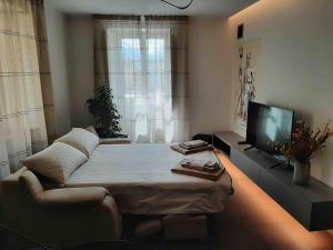 ein Schlafzimmer mit einem großen Bett und einem TV in der Unterkunft Les fleuves - Doire - Alloggio ad uso turistico - VDA - AOSTA - n 116 in Aosta