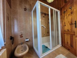 Un baño con ducha, inodoro y lavabo. en Peace and Lake Mountain Lake Iseo Hospitality, en Bossico