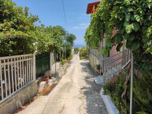 an empty street with a fence and trees at The Lemon House in Káto Loutrón