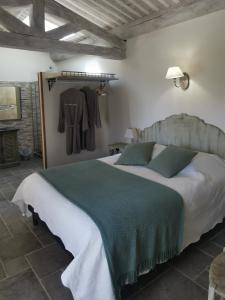 a bedroom with a large bed with a green blanket at La petite plaine in Clansayes