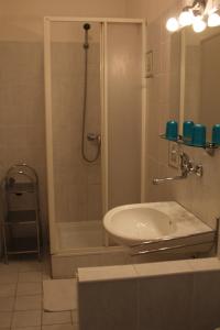 een badkamer met een wastafel en een douche bij Apartmány Račianska in Bratislava