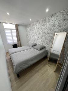 um quarto com uma cama e um espelho em La Maison 19 Appartement 4 personnes em Lens