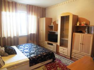 1 dormitorio con 1 cama, armario y TV en Bishkek City Apartments, en Bishkek