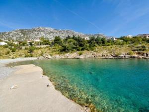 a beach with turquoise water and trees and houses at Apartman Darko in Cesarica