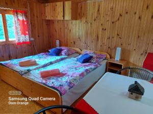 ビソバ・ズドルイにあるTanie Spanieの木製の部屋にベッド1台が備わるベッドルーム1室があります。