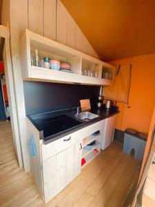 una pequeña cocina con fregadero en una casa pequeña en camping?glamping morskersweitje, en Winterswijk