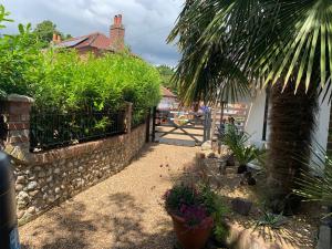 a garden with plants and a fence and a palm tree at Hunston Mill Self Catering Dog Stay For Free in Chichester