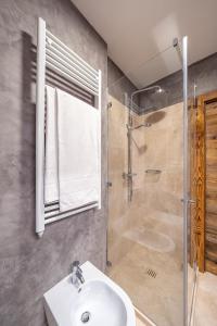 La salle de bains est pourvue d'un lavabo et d'une douche. dans l'établissement Chalet Ines, à Vodo Cadore