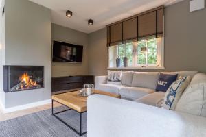 ein Wohnzimmer mit Couch und Kamin in der Unterkunft Einzelhaus Boathouse Boathouse in Sankt Peter-Ording
