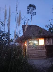 a small log cabin with a thatch roof at Eco Albergue Azul in Cuispes