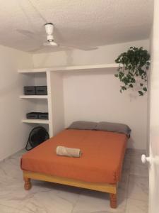 1 dormitorio con 1 cama con manta naranja en Casa Delfín, en Mazatlán