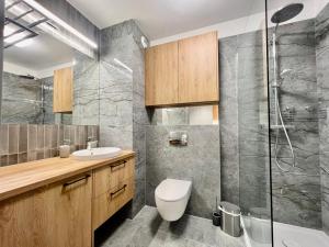 a bathroom with a toilet sink and a shower at Angielska Grobla Old Town by Q4Apartments in Gdańsk