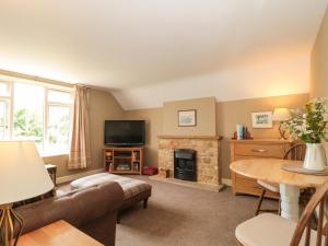 West Moor Cottage Annex في مارتوك: غرفة معيشة مع أريكة ومدفأة