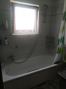 a bathroom with a shower and a bath tub with a window at Ubytování U Jarky in Český Krumlov