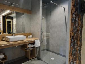 a bathroom with a sink and a shower at Hôtel La Brasserie in Treignac