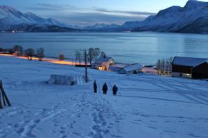 un grupo de personas caminando en la nieve en Solheim Fritidsgård, en Svensby