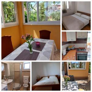 a collage of photos of a room with a table and a kitchen at Apartments Nela in Jelsa