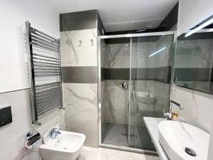 La salle de bains est pourvue d'une douche, d'un lavabo et de toilettes. dans l'établissement Hotel Alpha, à Sant'Agnello