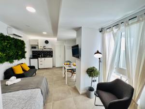 COOL LOFTS ALAMEDA VALENCIA في فالنسيا: غرفة معيشة مع سرير وكراسي ومطبخ
