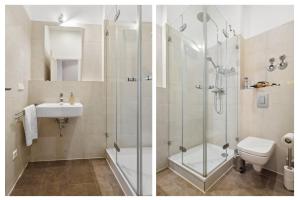 ein Bad mit einer Dusche, einem WC und einem Waschbecken in der Unterkunft Modern and new designer flat in Charlottenburg in Berlin