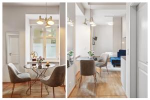 2 Bilder von einem Wohnzimmer und einem Esszimmer mit einem Tisch und Stühlen in der Unterkunft Modern and new designer flat in Charlottenburg in Berlin