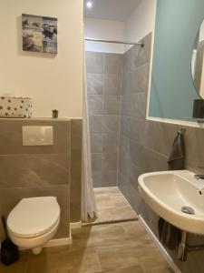 a bathroom with a toilet and a sink at Appartement 1 mit Küche und neuem Bad, frisch saniert in Friedrichskoog