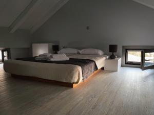 波多河麗的住宿－Porto-Cheli Sunset View House，一间卧室设有一张大床,铺有木地板