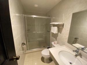 a bathroom with a shower and a toilet and a sink at Hotel F Sur Inn in David