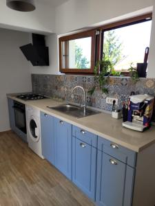 a kitchen with blue cabinets and a sink at AL MARE in Constanţa