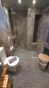 a bathroom with a shower and a toilet at Cozy Cliff House in Nea Potidaea +56 photos