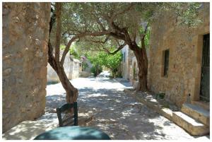 an alley with trees and a bench in front of a building at NEFELI castle stone house inside the fortress in Monemvasia