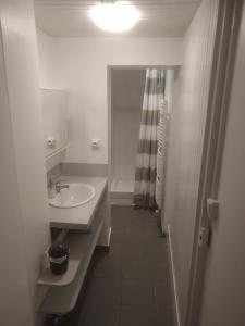 a white bathroom with a sink and a shower at Duplex Viennois in Vienne