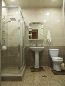 a bathroom with a toilet and a sink and a shower at Family Guest House Marso in Ssatschcheri +25 photos