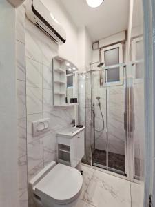 a white bathroom with a shower and a toilet at Green garden in Zagreb +10 photos