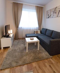 a living room with a blue couch and a coffee table at Lovely Dream Apartment in Vilnius
