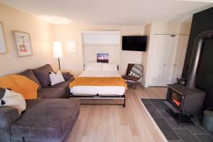 uma sala de estar com uma cama, um sofá e uma lareira em Burke Abode - Trailside Condo with King & Full Beds em East Burke