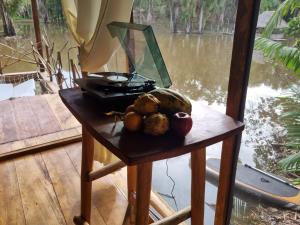 a table with fruit on it next to a river at Camu camu jungle villa on Aguajale lake - supboard&vinyl in Iquitos