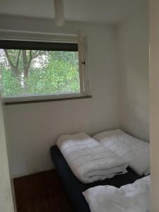 2 Betten in einem Zimmer mit Fenster in der Unterkunft Seeblick Bungalow in Arendsee