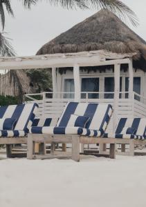 a group of blue and white chairs on a beach at Tuup Oceanfront in Tulum