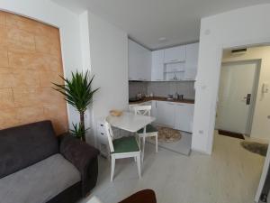 a living room with a couch and a table and a kitchen at Apartman Kerkez in Soko Banja