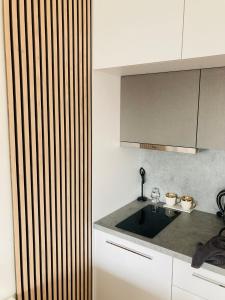Kuchyň nebo kuchyňský kout v ubytování Apartement Blanc Harfa design