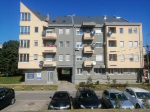 un grande edificio con auto parcheggiate di fronte di River Lux a Sremska Mitrovica