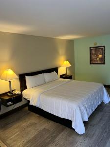 a bedroom with a large white bed with two lamps at Four Winds Motel & RV Park in Carrizozo