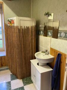 a bathroom with a sink and a shower curtain at Petit coin de paradis à 10 min de St-Girons in Montjoie-en-Couserans