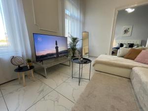 sala de estar con sofá y TV de pantalla plana en Luxury Riverside Panorama Apartment, en Budapest