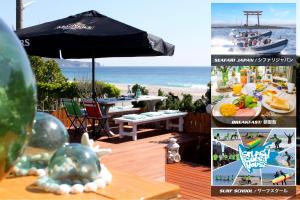 胜浦市斯普莱西旅馆的海滩上的照片拼贴,上面有一把伞