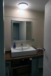 La salle de bains est pourvue d'un lavabo blanc et d'un miroir. dans l'établissement Apartament Ramon a Pobla, à Pobla de Segur