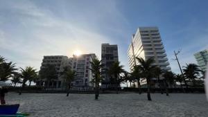 a beach with palm trees in front of tall buildings at Frente para o Mar com Vista Incrível - Porto1003 in Praia Grande